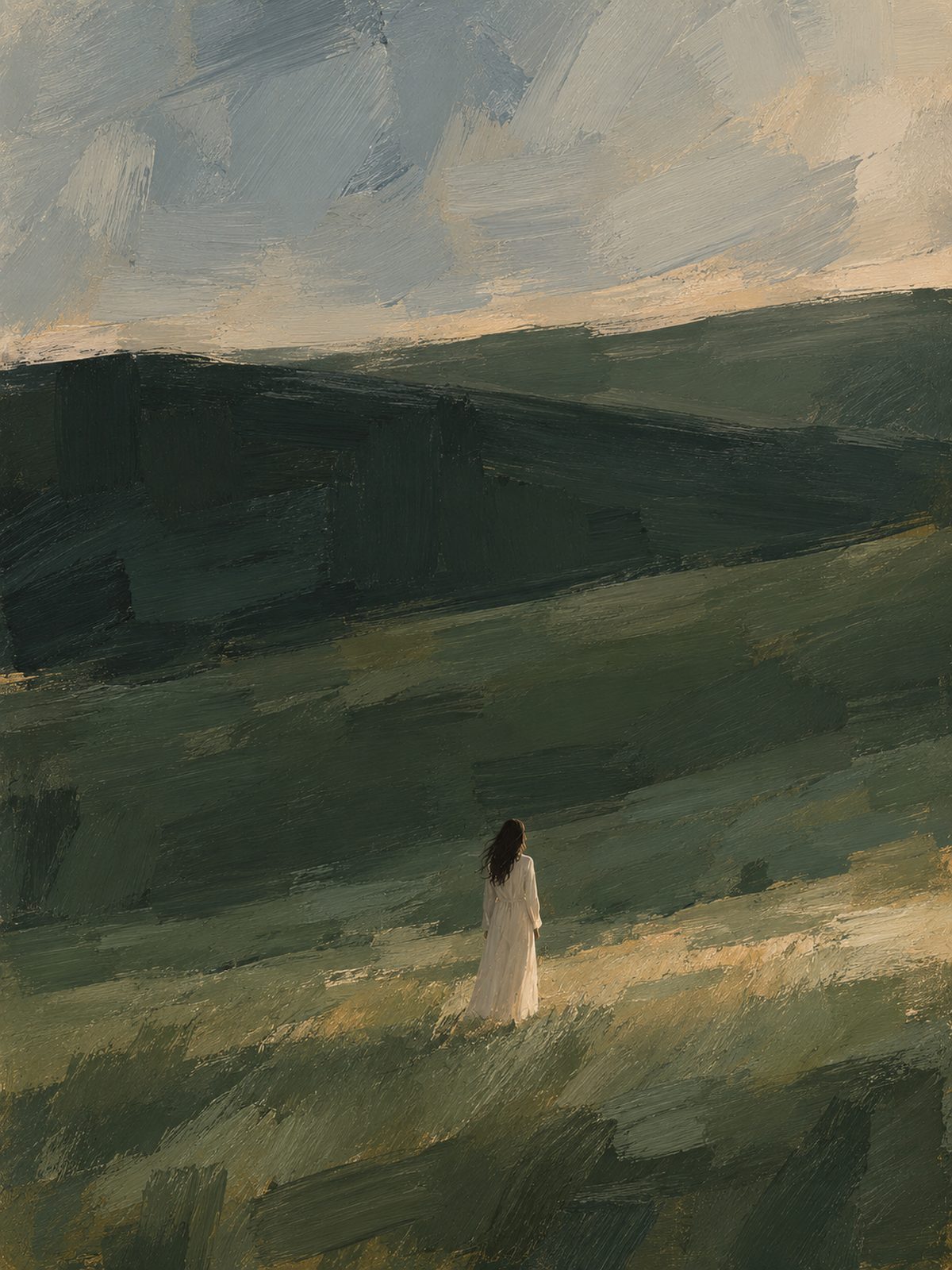 A figure walking out across open hills
