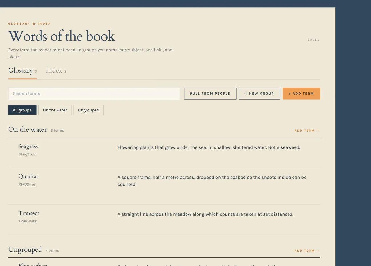 The glossary of a non-fiction book in Karde