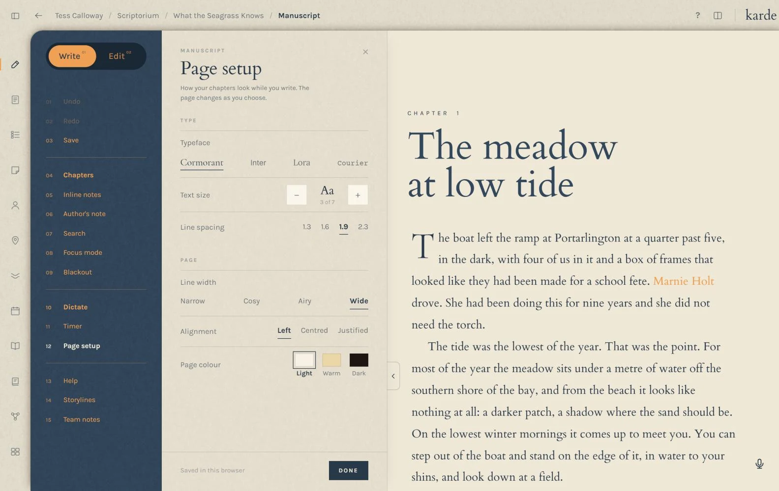 The writing page in Karde with Page setup open