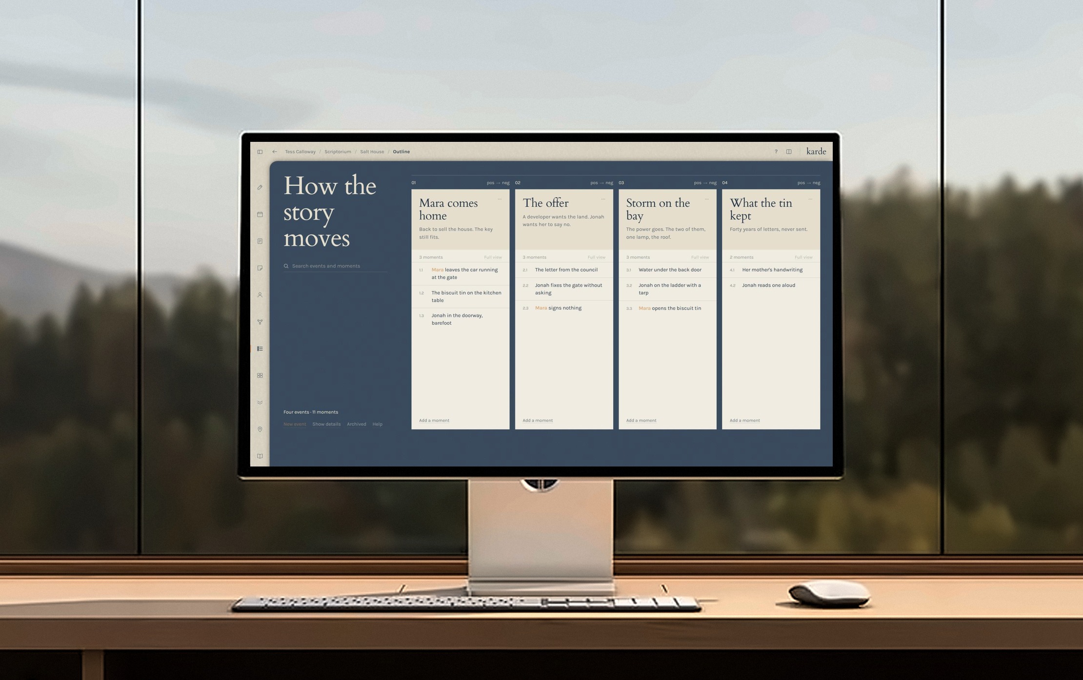 The Outline for a screenplay in Karde on a desktop monitor