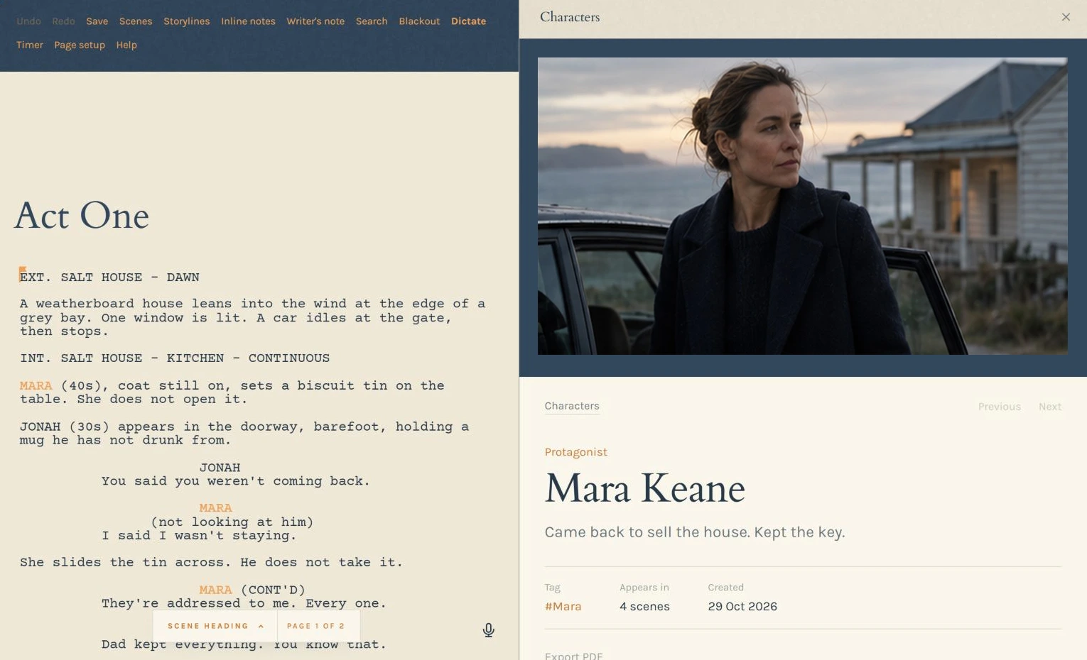 A character profile open beside the script in Karde