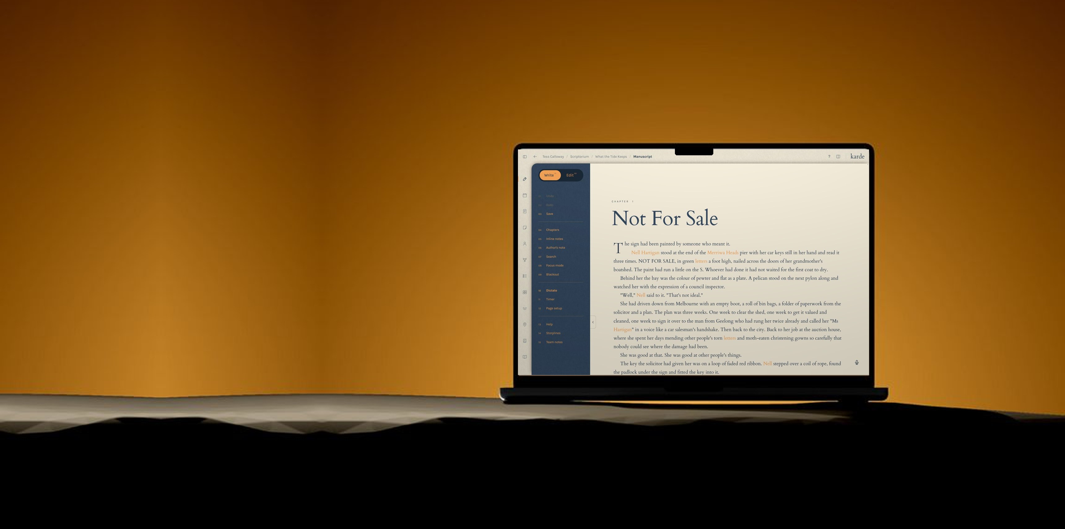 A screenplay open in Karde on a laptop